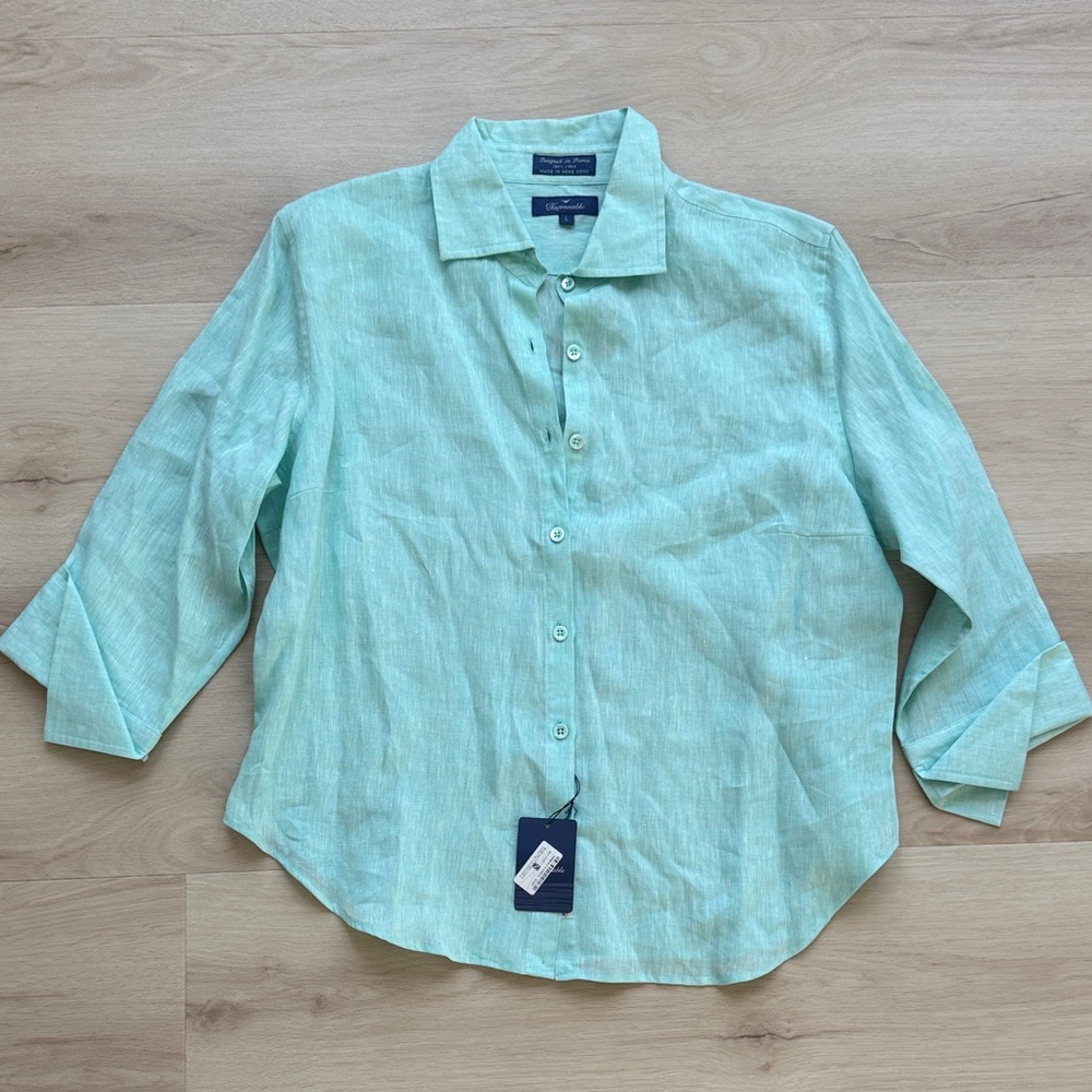 Faconnable Light Mint Green Linen Button-Down Shirt